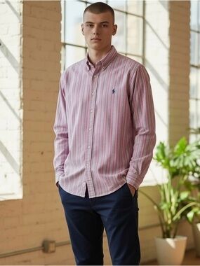 Ralph Lauren Long Sleeve Button Down Shirt Men's XL Pink/Blue Stripe Blue Label